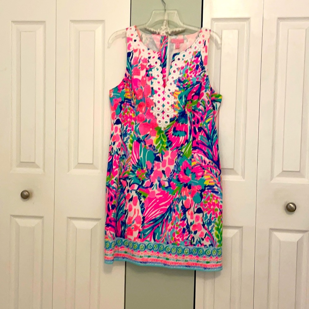 Lilly Pulitzer sleeveless shift dress in vibrant colors.